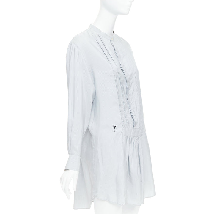 CHRISTIAN DIOR blue 100% silk CD bee embroidery button down shirt dress FR36 S