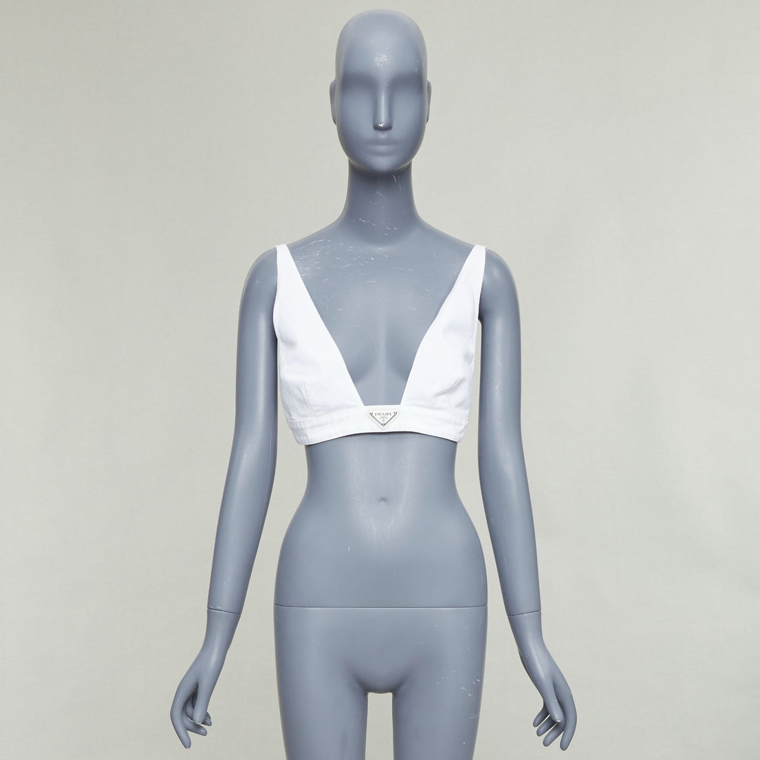 PRADA 2022 white distressed denim triangle logo plunge bralette crop top IT42 M