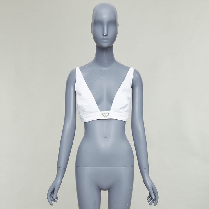 PRADA 2022 white distressed denim triangle logo plunge bralette crop top IT42 M