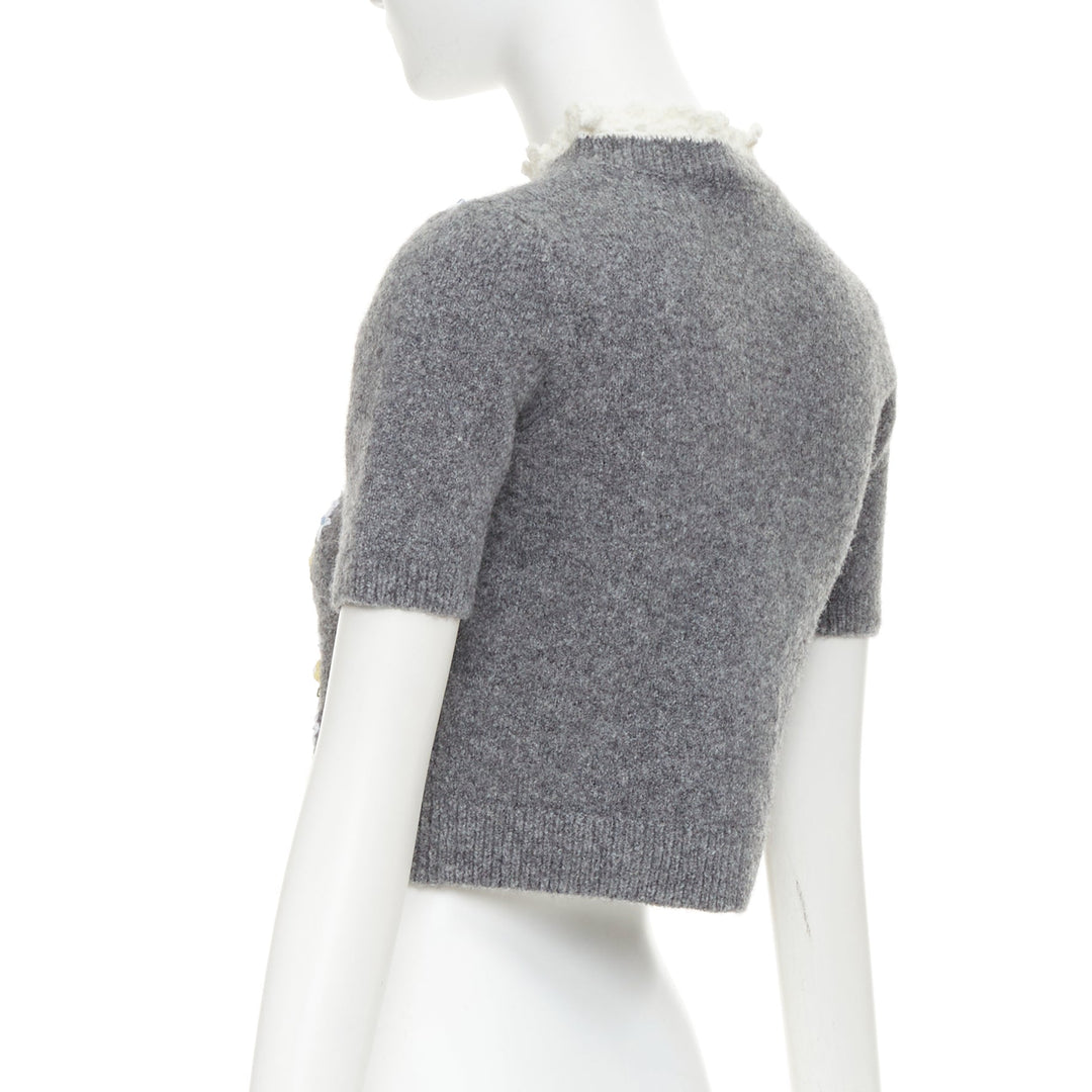 SHUSHU TONG 2024 grey wool embroidered florals lace trim cropped sweater UK6 XS