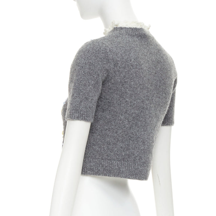 SHUSHU TONG 2024 grey wool embroidered florals lace trim cropped sweater UK6 XS