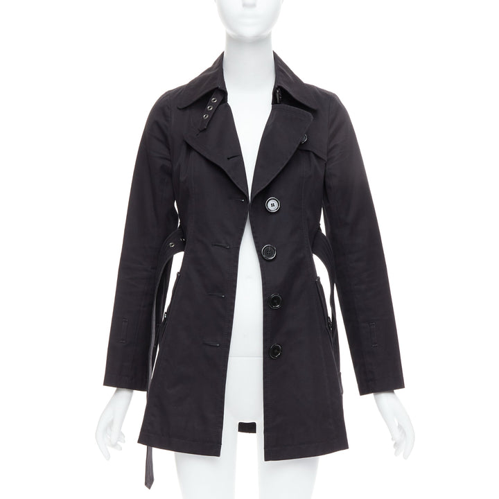 BURBERRY Blue Label black wool silver grommet belted short trench coat IT38 XS