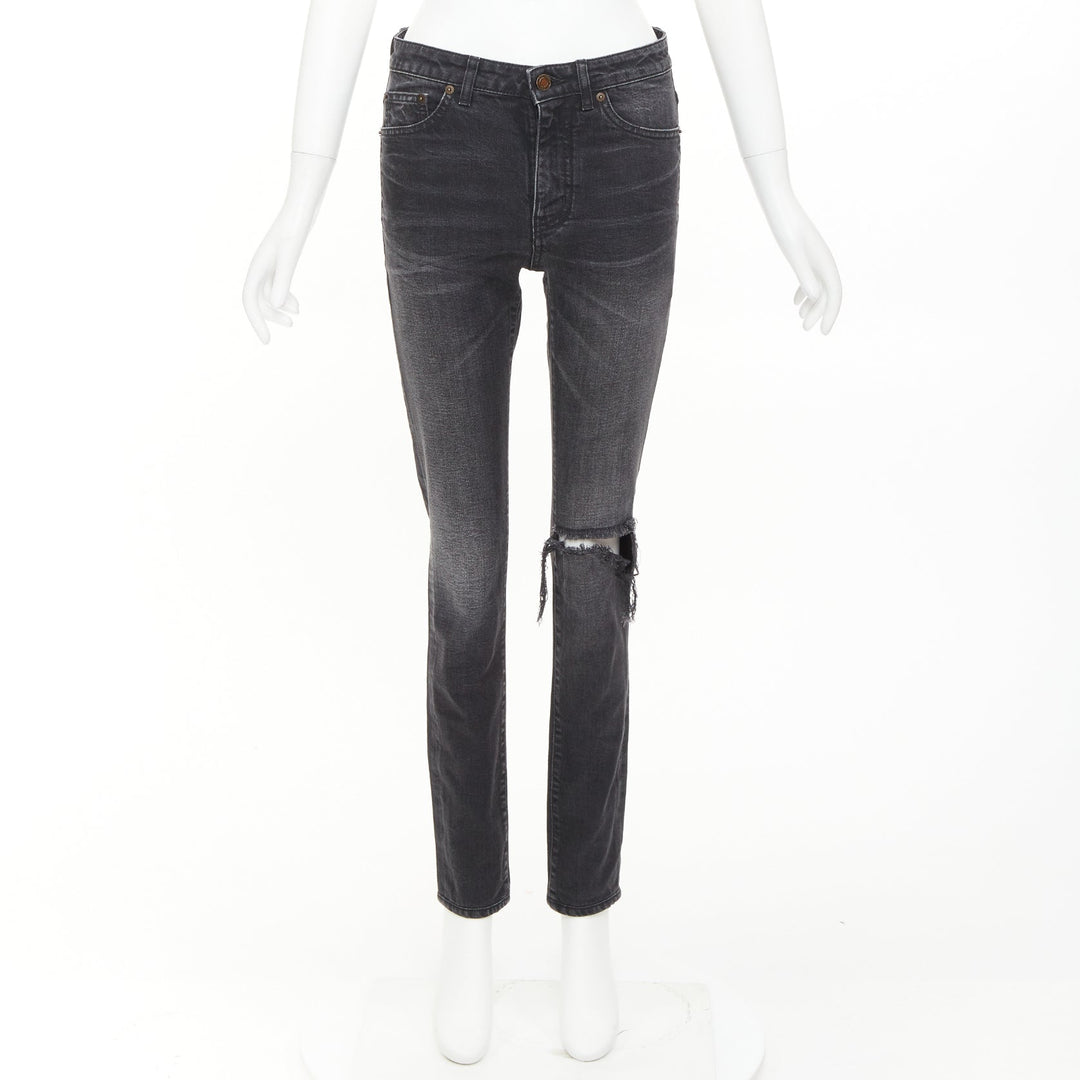 SAINT LAURENT D06 grey washed denim mid waist distressed skinny jeans 26"