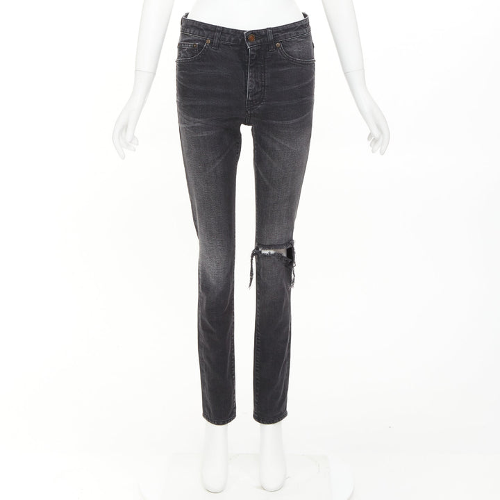 SAINT LAURENT D06 grey washed denim mid waist distressed skinny jeans 26"