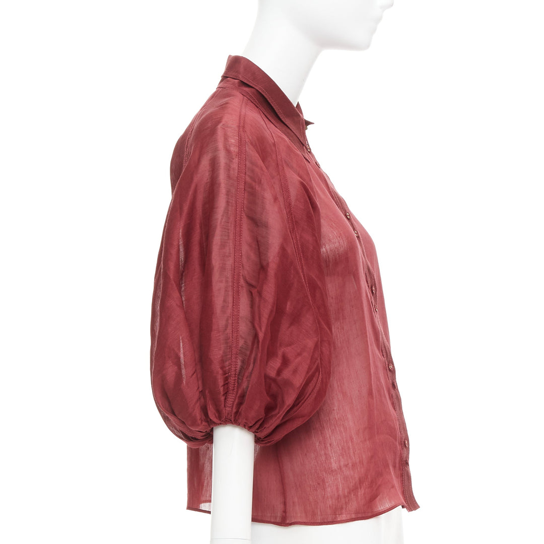 AJE Palms burgundy silk linen puff sleeve raglan multi buttons shirt UK6 XS