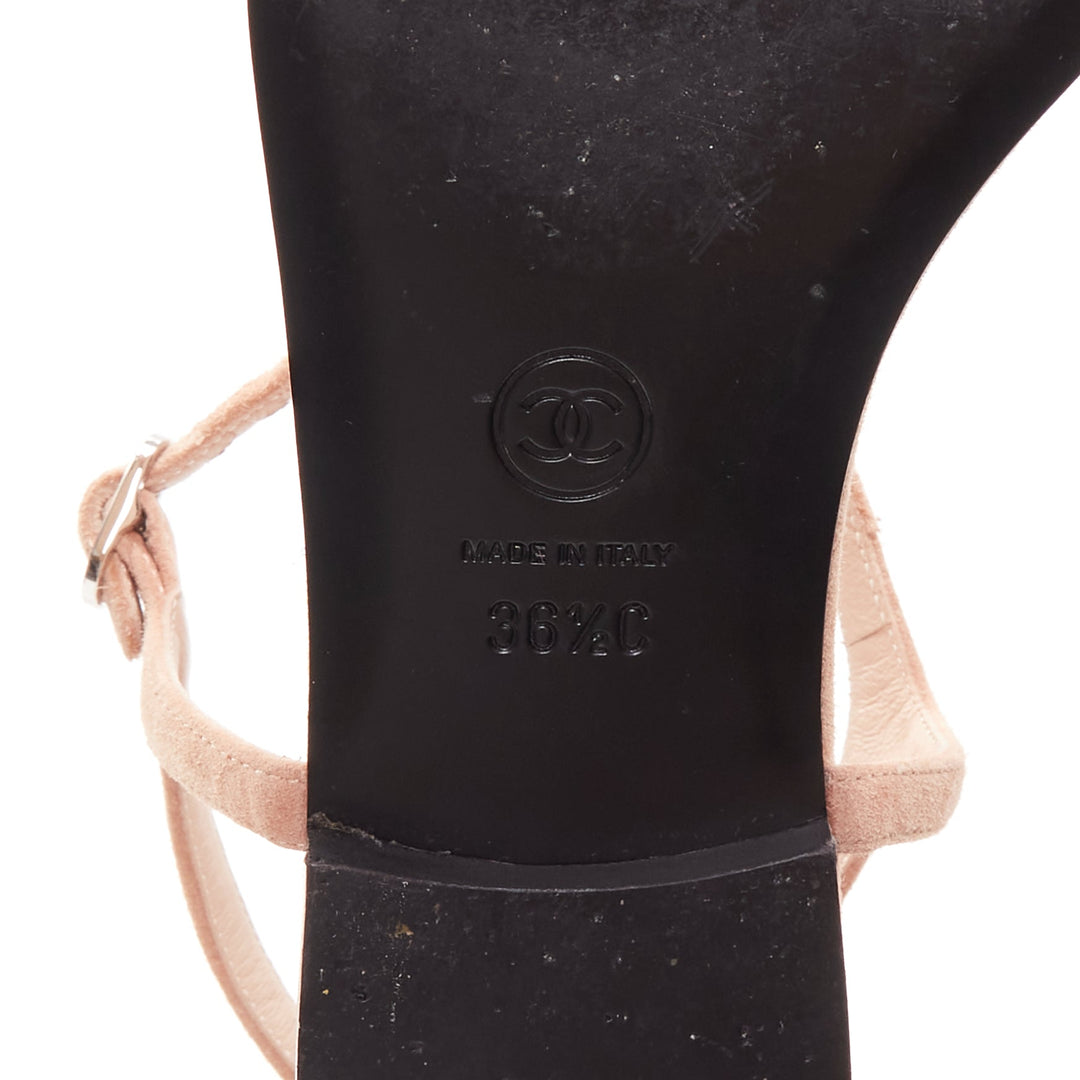 CHANEL 2005 Star strass crystal T strap flat nude leather thong sandals EU36.5