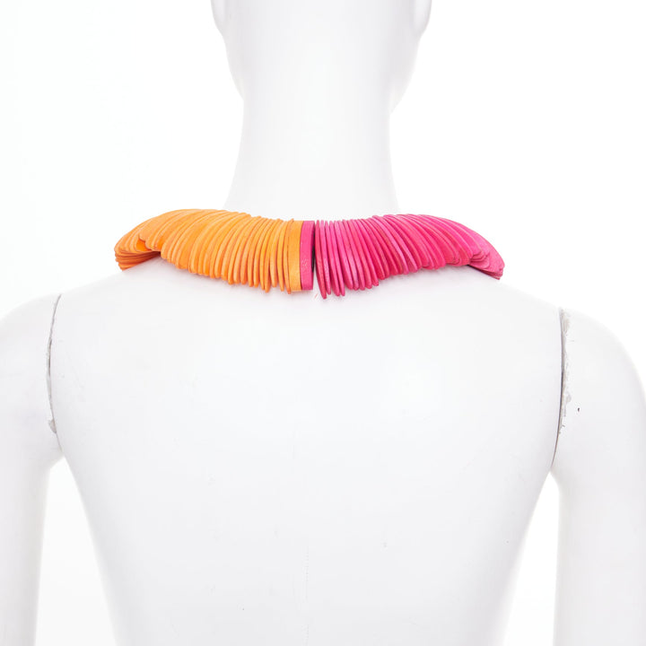 MONIES Gerda Lynggaard orange pink wood disc sculptural statement bib necklace