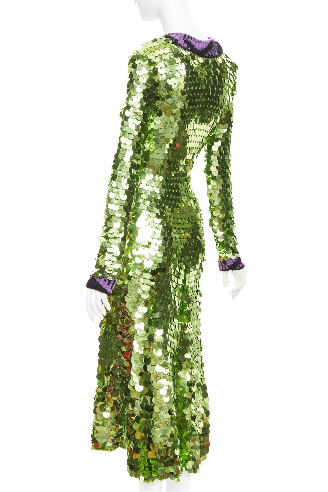 PRADA 2021 Runway green sequin paillettes purple jacquard trim dress IT38 XS