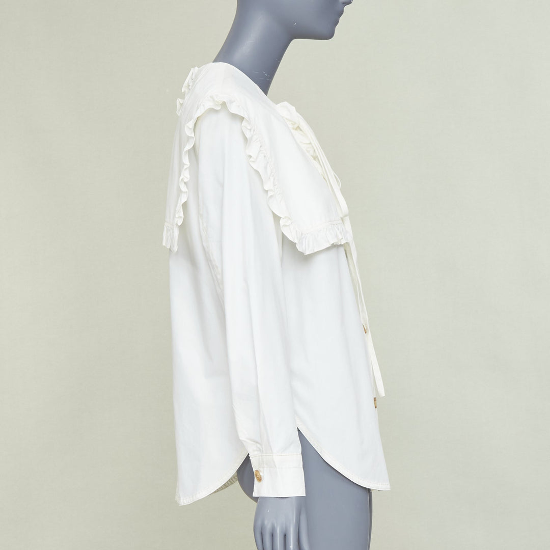 REJINA PYO Tate cream white ruffled sailor collar cotton-poplin  bow shirt S