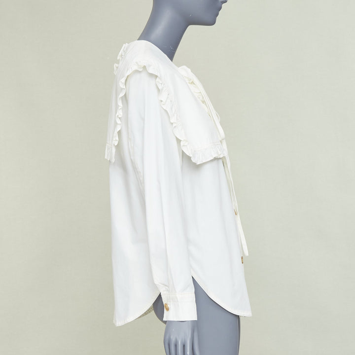 REJINA PYO Tate cream white ruffled sailor collar cotton-poplin  bow shirt S