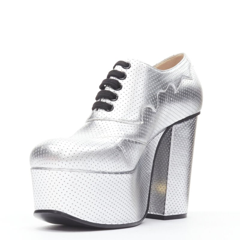 GUCCI Otis metallic silver chunky platform block heel bootie mule EU38.5