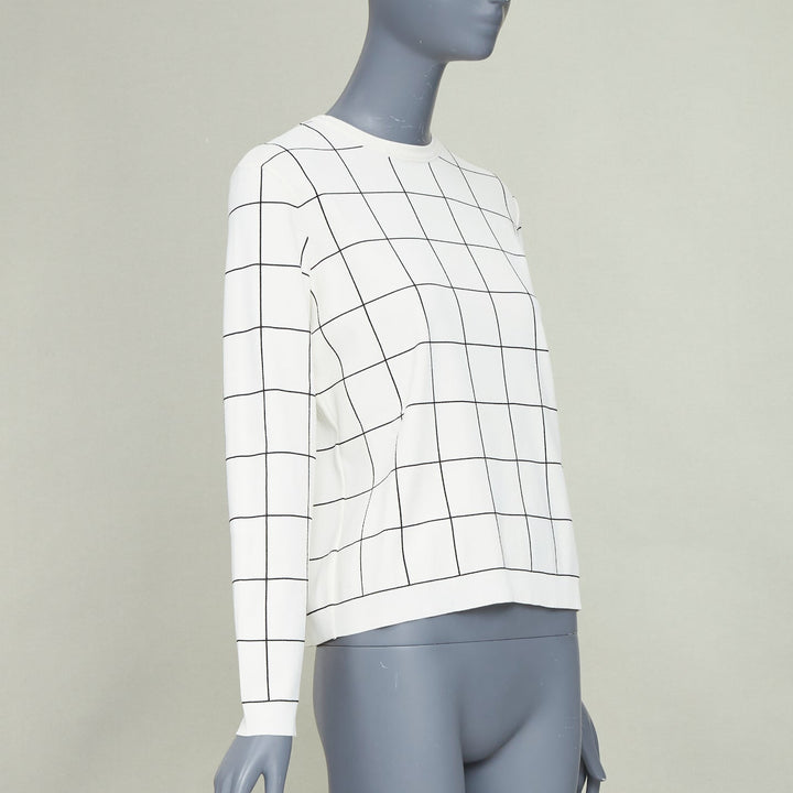 VALENTINO white black viscose blend grid check crew neck pullover knit top M