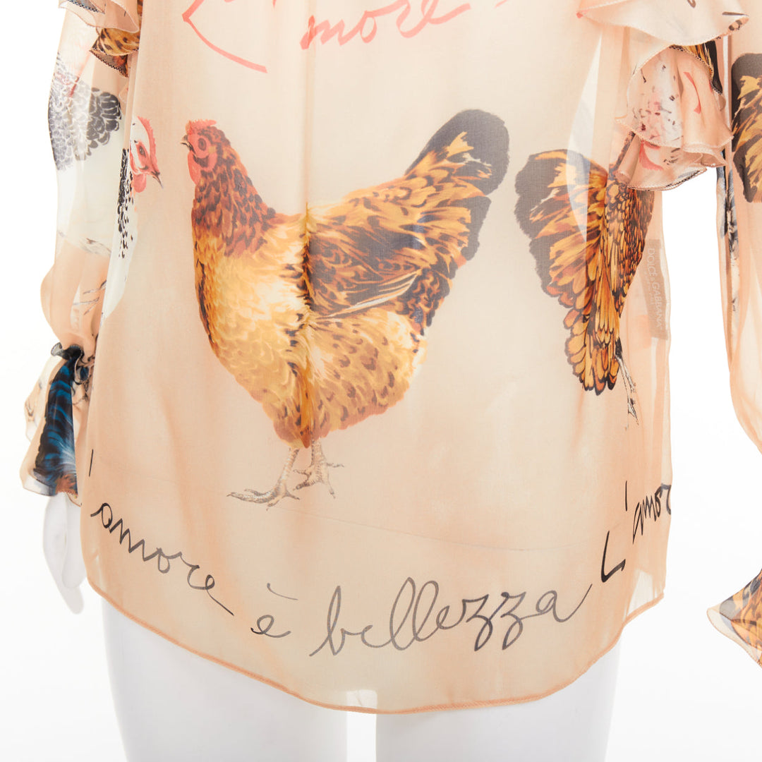 DOLCE GABBANA 100% silk beige chiken hen print sheer ruffled blouse IT38 XS