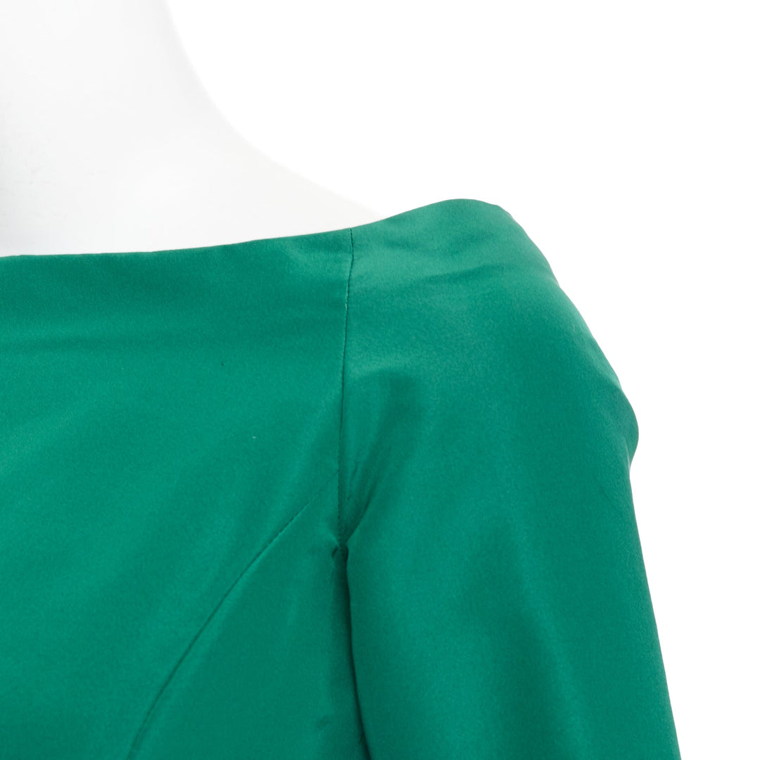 OSCAR DE LA RENTA F17 kelly green  silk taffeta bateau neck belted dress US0 XS