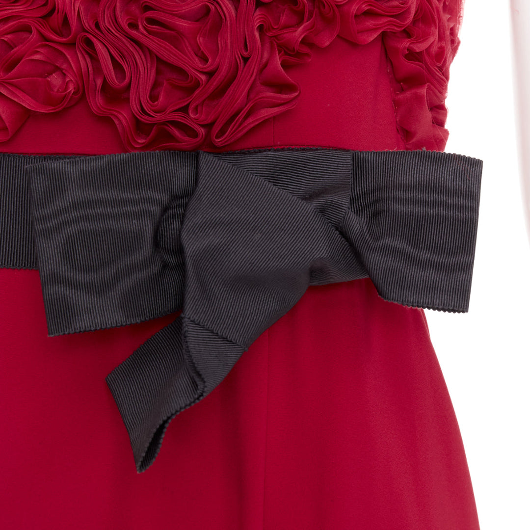 VALENTINO red Rosette ruffle boned bust black bow belt midi gown IT40 S