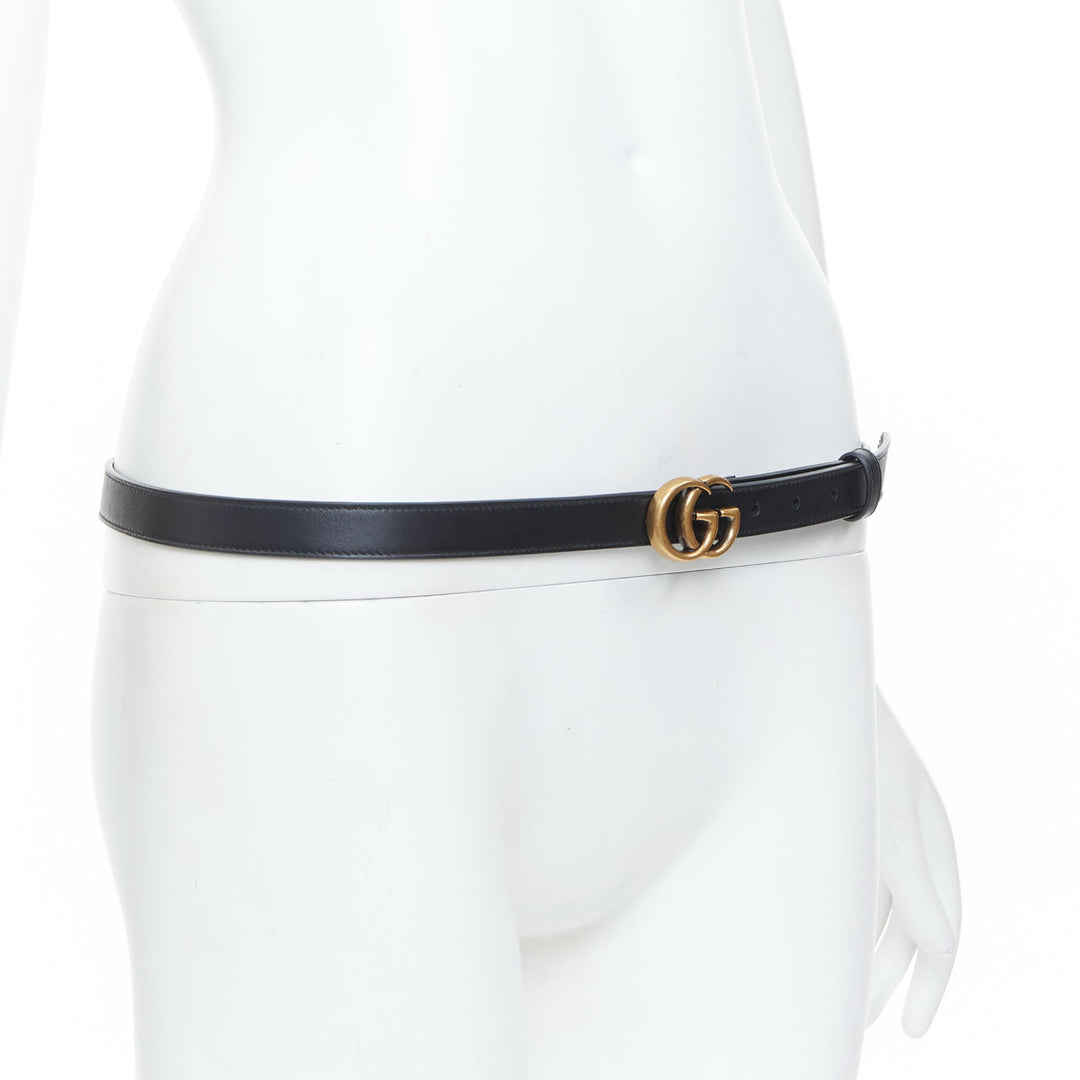 GUCCI Double G Marmont antique gold black smooth leather thin waist belt 90cm