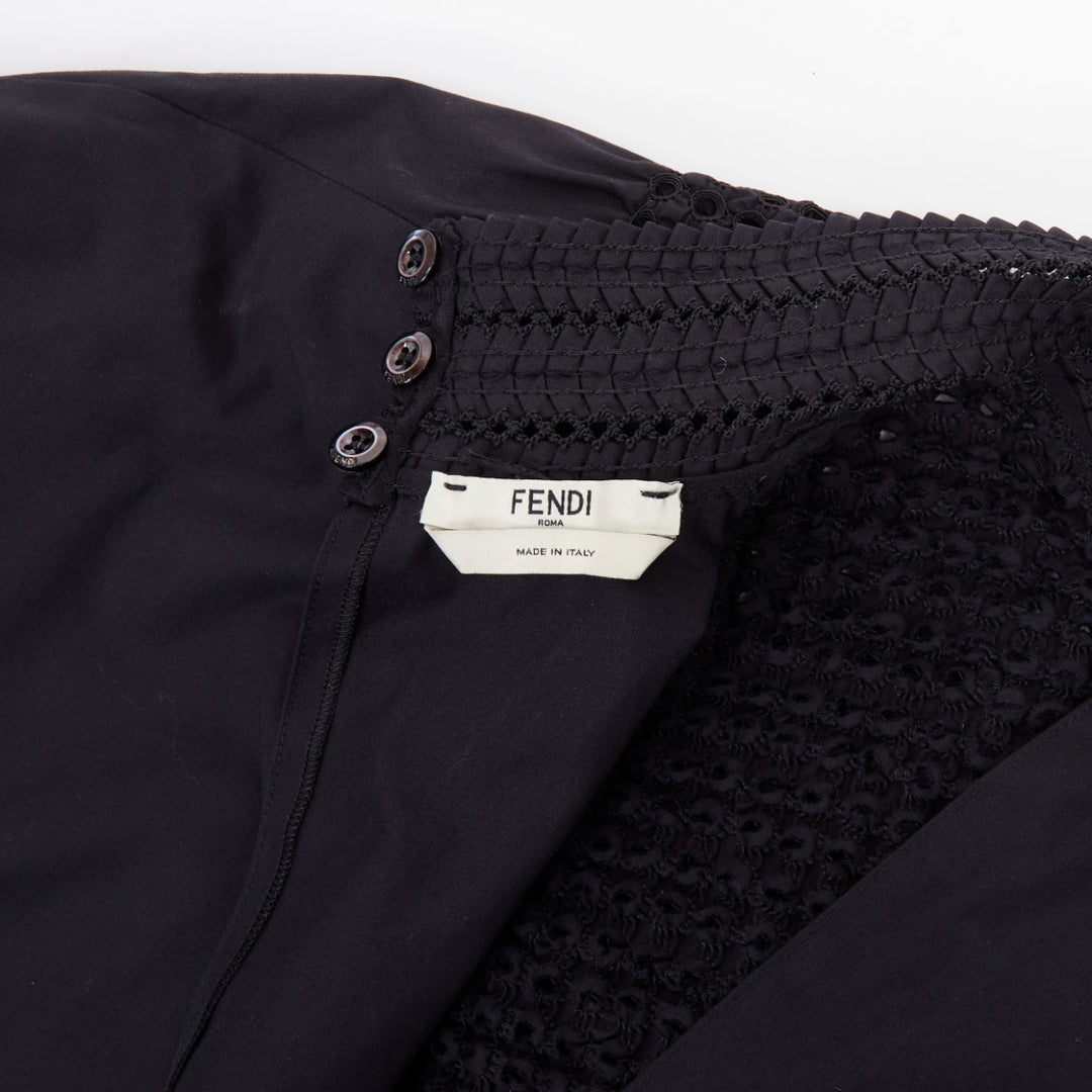 FENDI 2019 Tribute black smocked embroidered eyelet balloon sleeve dress IT38 S