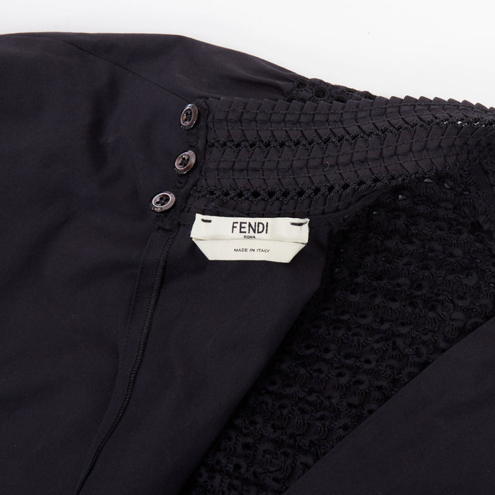 FENDI 2019 Tribute black smocked embroidered eyelet balloon sleeve dress IT38 S