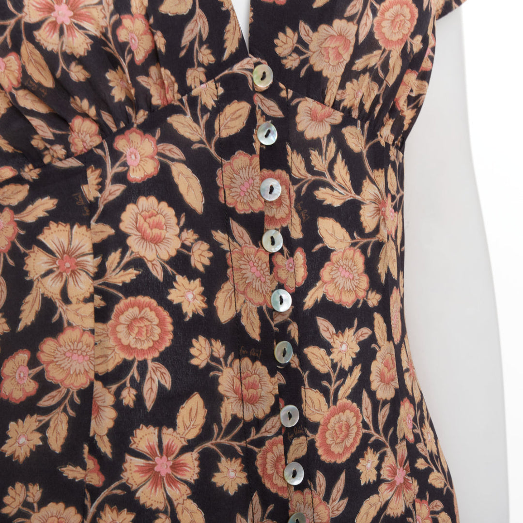 REALISATION Monica silk brown black floral shell buttons puff sleeve dress XS