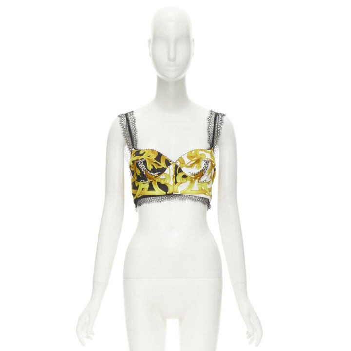 Female mannequin wearing Versace by Donatella Versace Barocco Acanthus Gold Polyester Women Bustier in Size IT38 | Available at JHROP