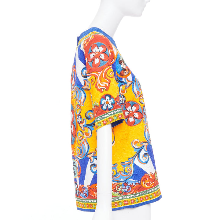 DOLCE GABBANA Carretto Siciliano yellow blue print jacquard tunic top IT40 S