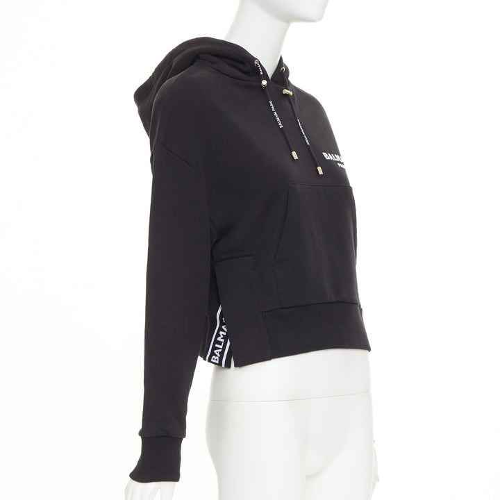 BALMAIN black cotton white flocked felt logo print side split fleece hoodie XS