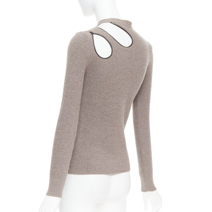 TOM FORD taupe fleece wool blend cut out leather collar sweater S