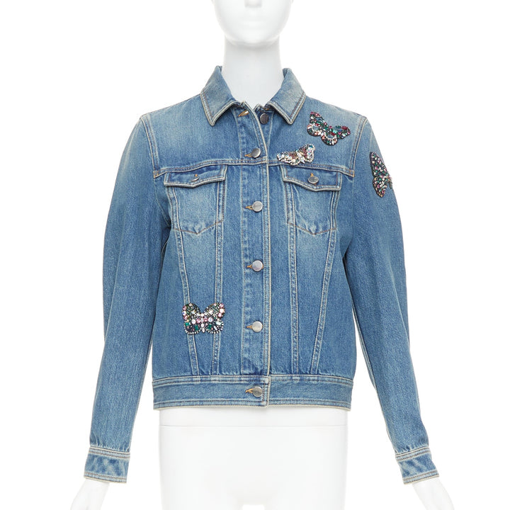 VALENTINO blue denim multicolor jewel butterfly embellish trucker jacket IT40 S