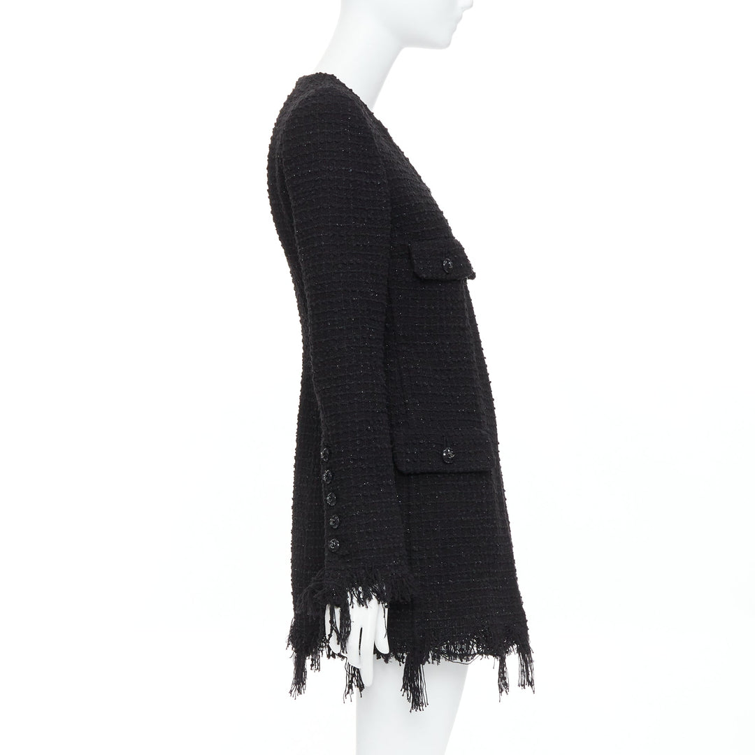 CHANEL 22C Runway black tweed fringe trim 4 pocket long jacket FR36 S