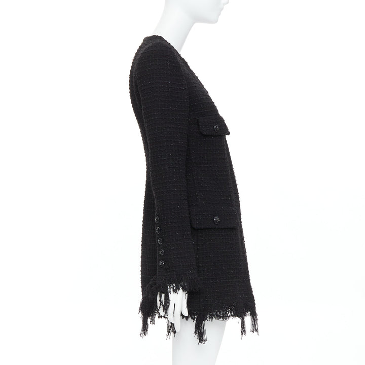 CHANEL 22C Runway black tweed fringe trim 4 pocket long jacket FR36 S