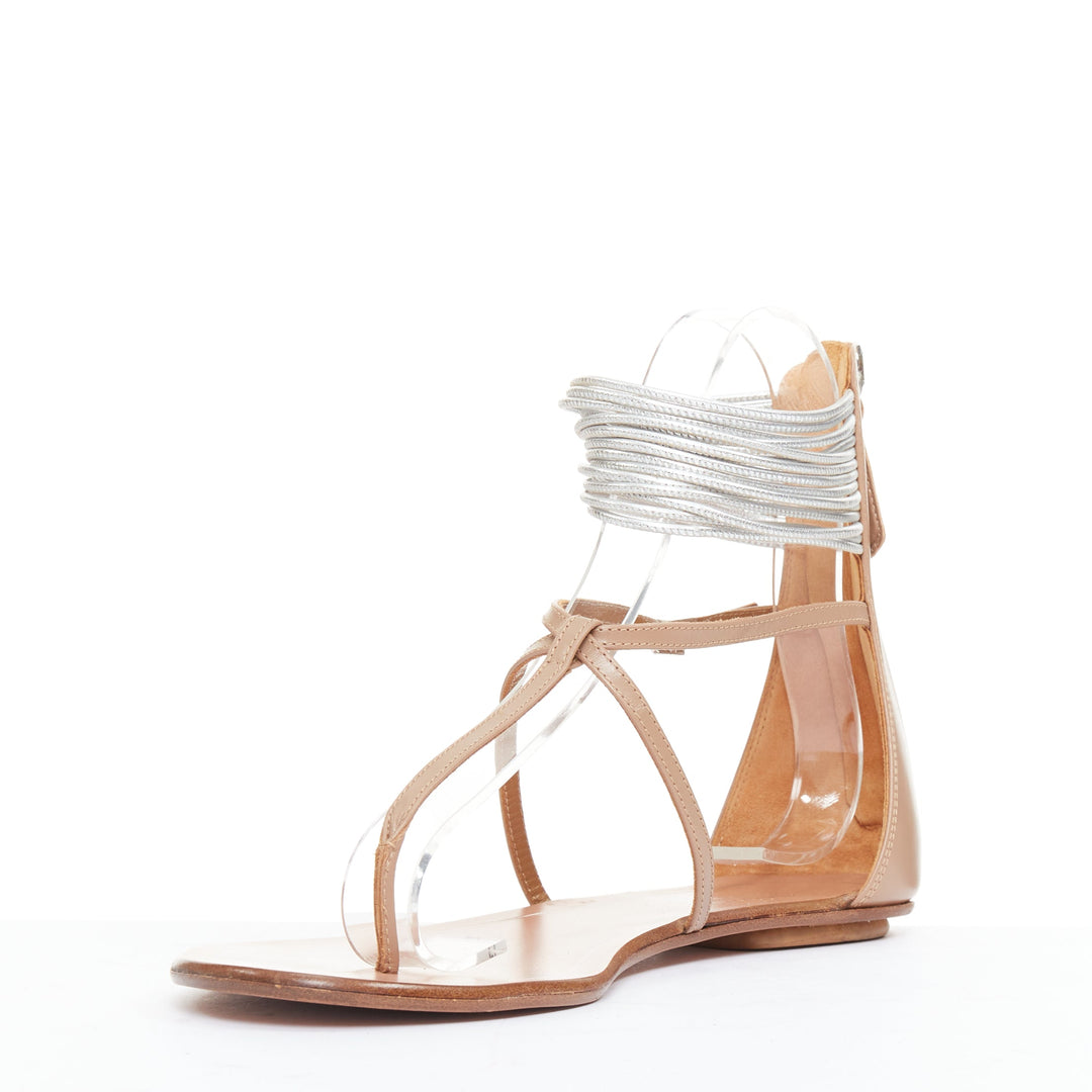 AQUAZZURA Spin Me Around silver coil nude leather gladiator flat sandals EU37.5