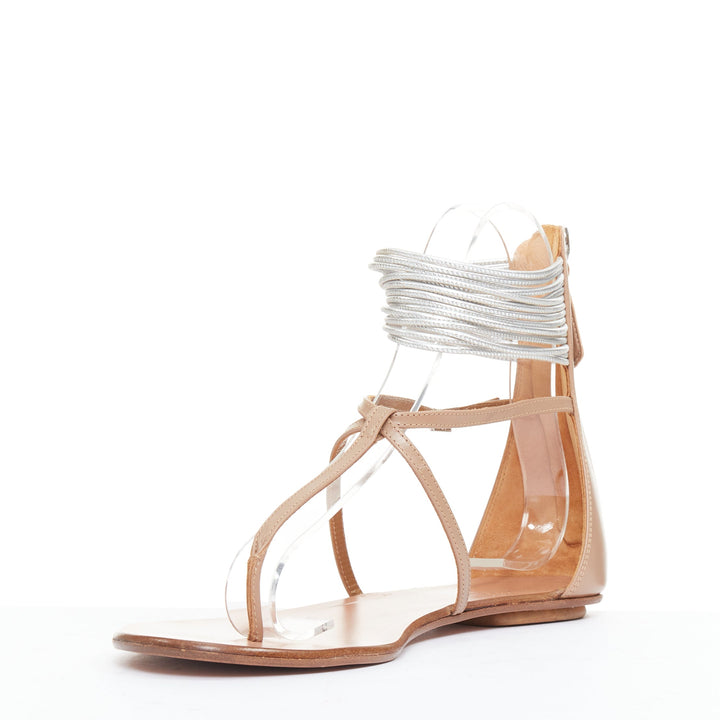 AQUAZZURA Spin Me Around silver coil nude leather gladiator flat sandals EU37.5