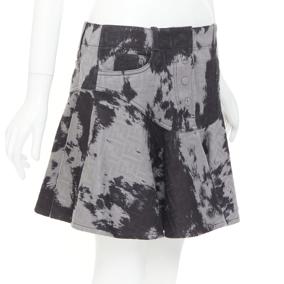 FENDI Five-Pocket black grey cotton FF Monogram tie dye denim flared skirt IT42