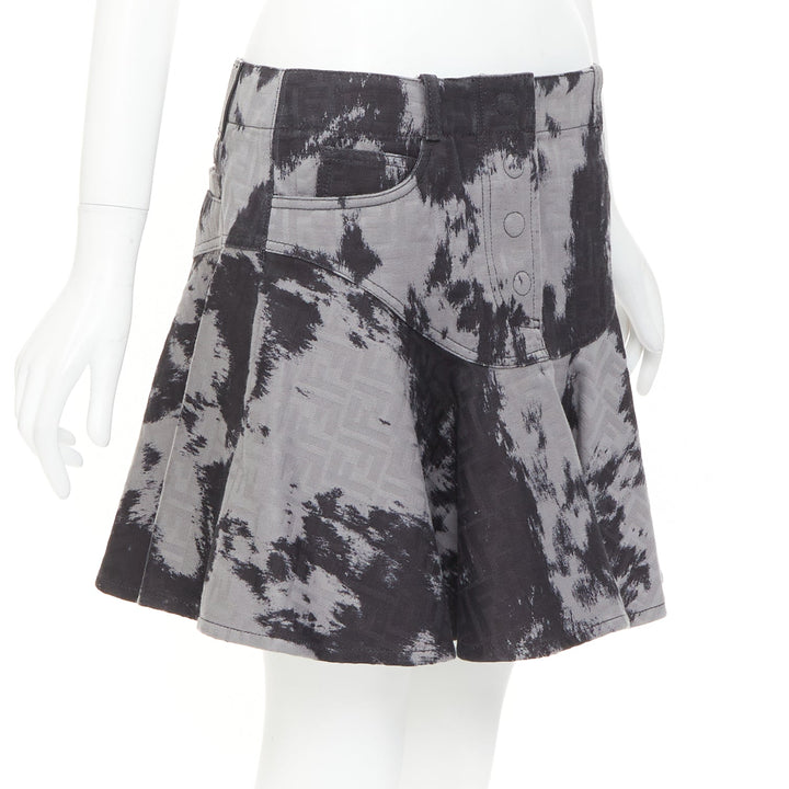 FENDI Five-Pocket black grey cotton FF Monogram tie dye denim flared skirt IT42