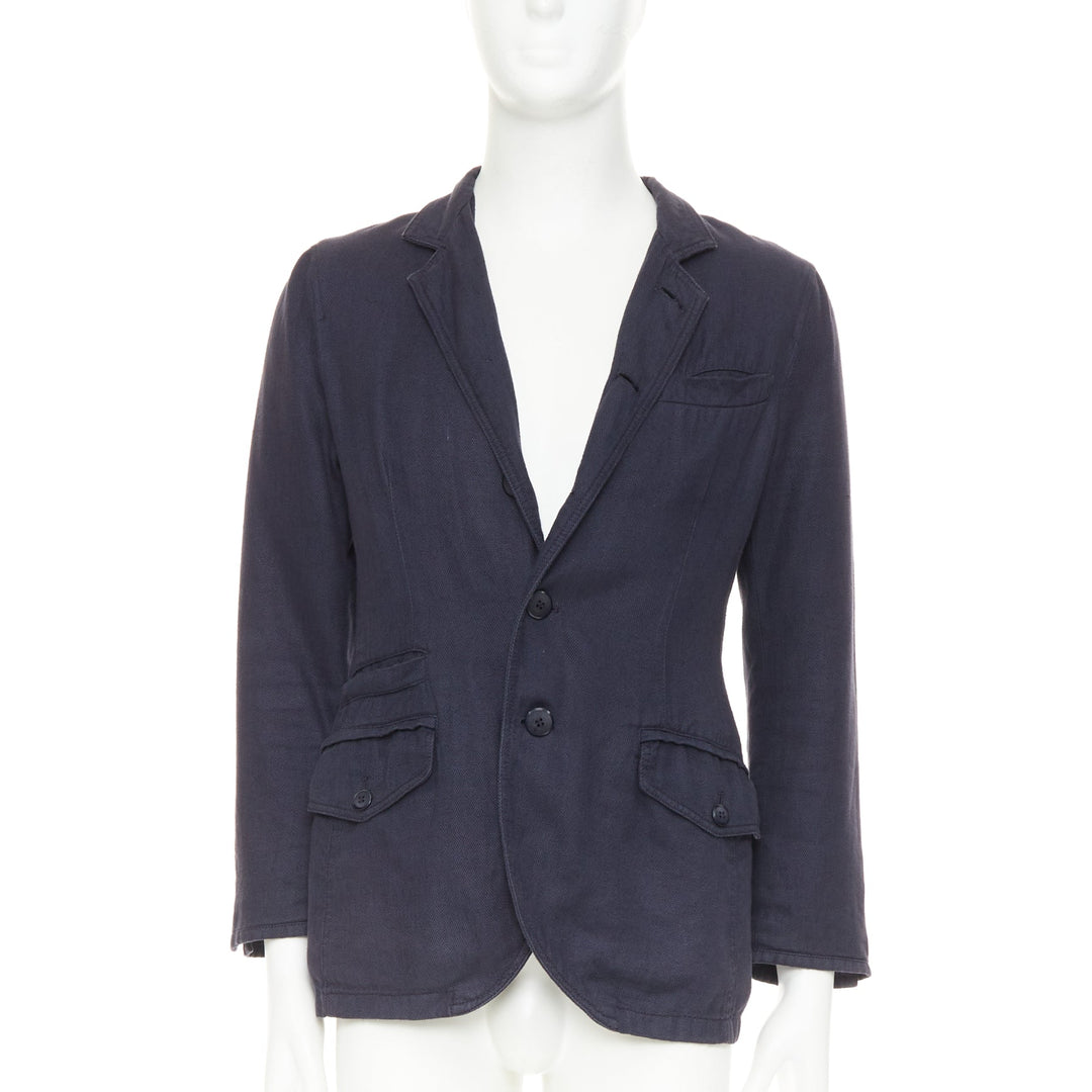 GIORGIO ARMANI navy linen cotton pique flap pockets relaxed blazer IT46 S