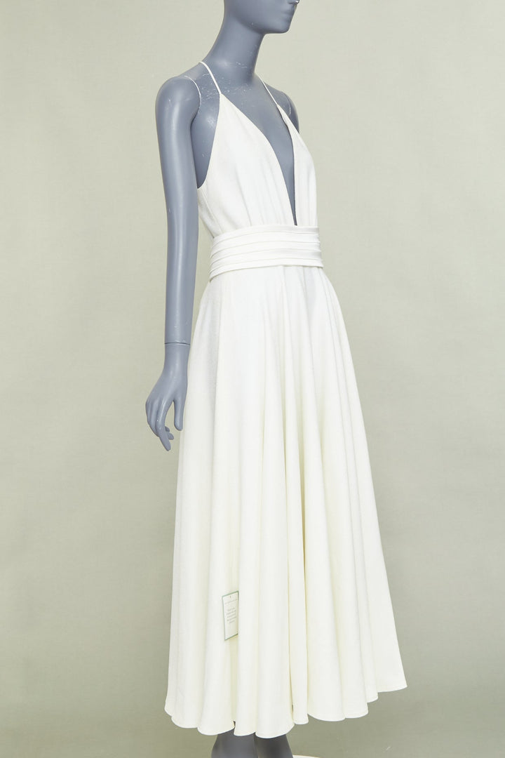 RACIL ivory crepe plunging V-neck halter ruched empire waist midi dress IT38 XS