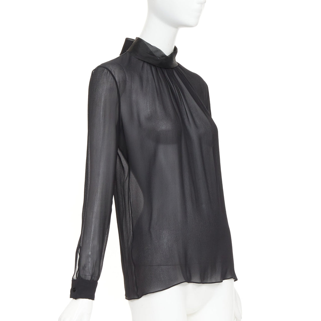 VALENTINO black silk georgette sheer draped high collar ruched blouse top UK6 XS