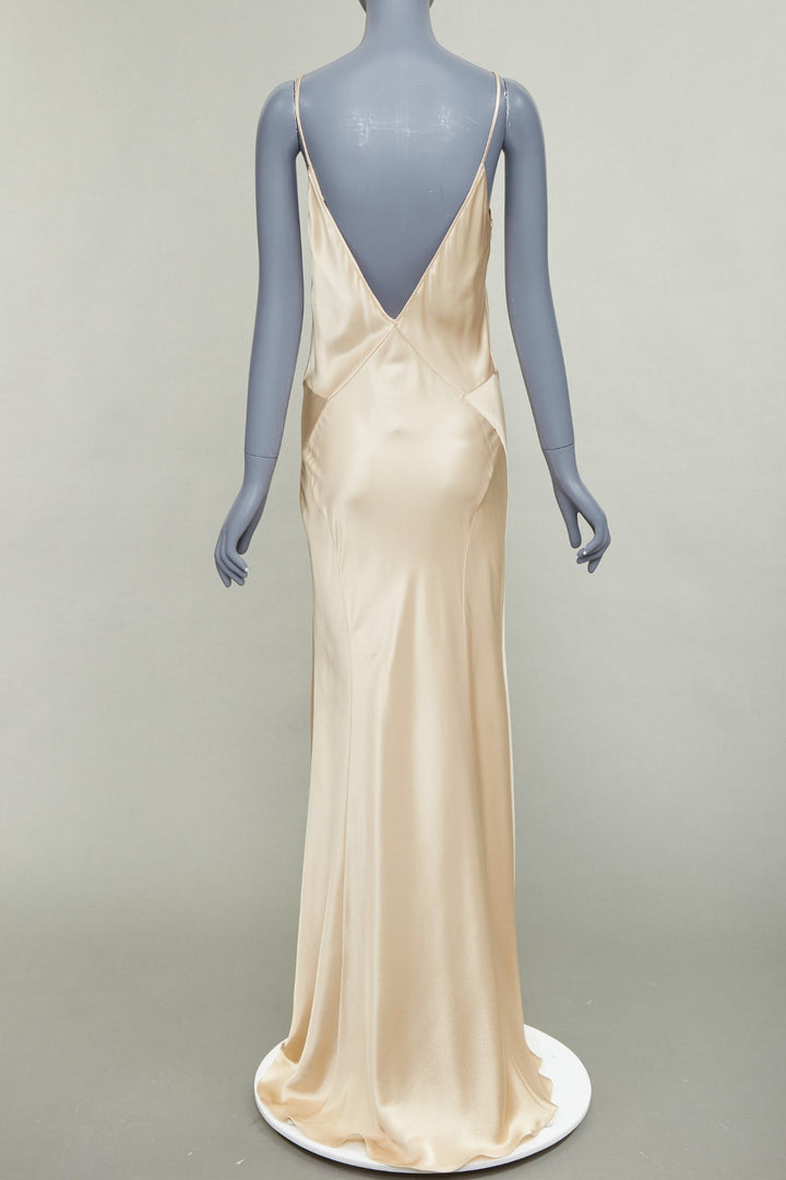 SAINT LAURENT 2024 rose champagne silk satin plunge contour panel gown FR38 M
