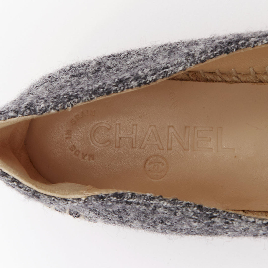 CHANEL grey tweed velvet CC logo toe cap espadrille shoes EU38