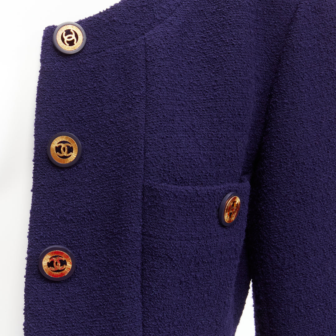 CHANEL Vintage navy blue tweed gold CC buttons 4 pocket jacket