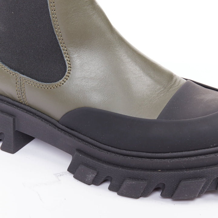 GANNI Kalamata army green leather black rubber elastic gusset chelsea boots EU39