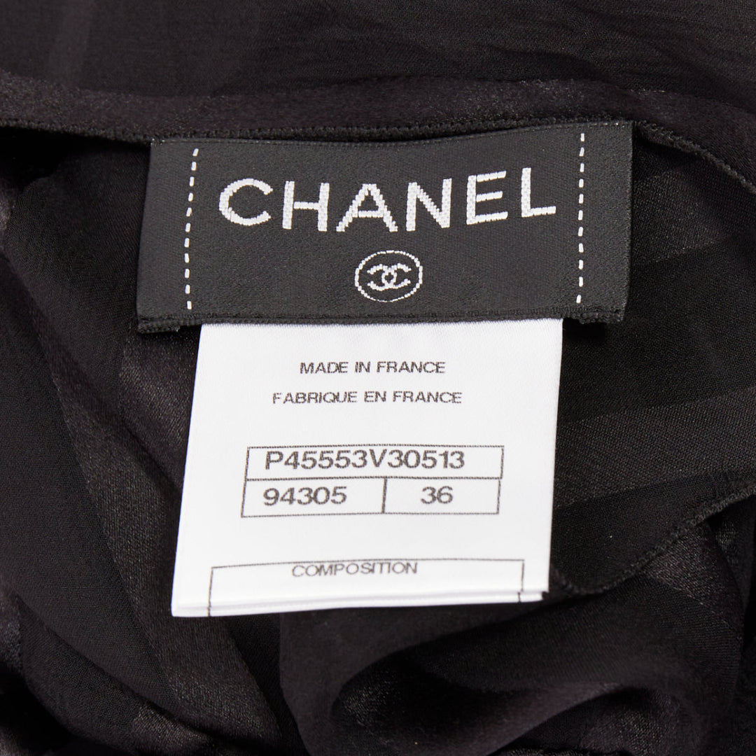 CHANEL black 100% silk sheer striped chiffon puff sleeve blouse FR36 S