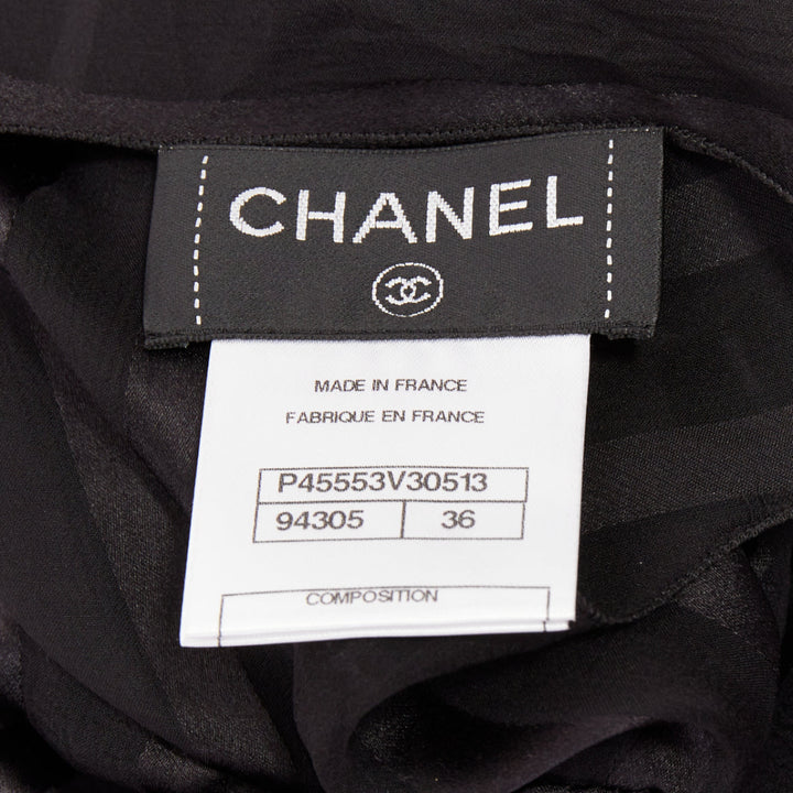 CHANEL black 100% silk sheer striped chiffon puff sleeve blouse FR36 S