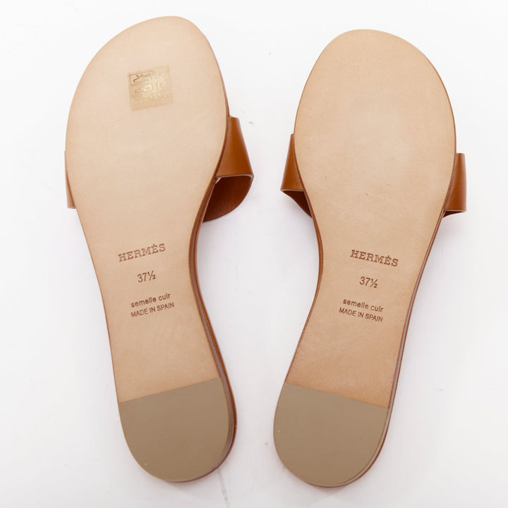 HERMES Lisboa Chaine d'Ancre brown leather cut out flat sandal slippers EU37.5