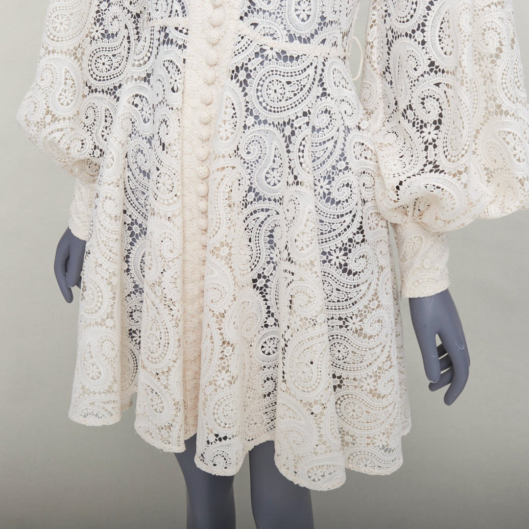 ZIMMERMANN Amari cream paisley floral lace cotton lined peasant dress Sz1 S