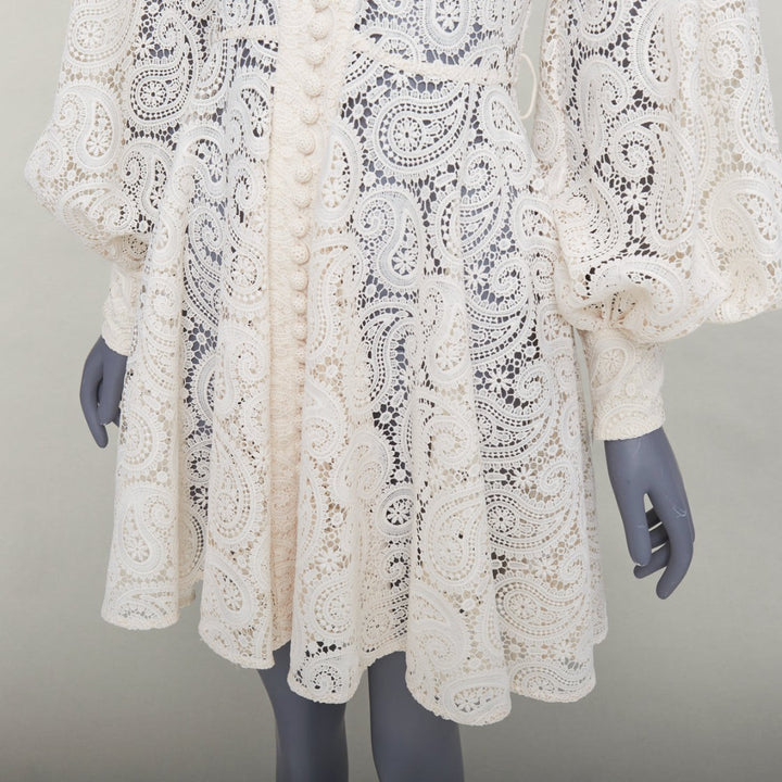 ZIMMERMANN Amari cream paisley floral lace cotton lined peasant dress Sz1 S