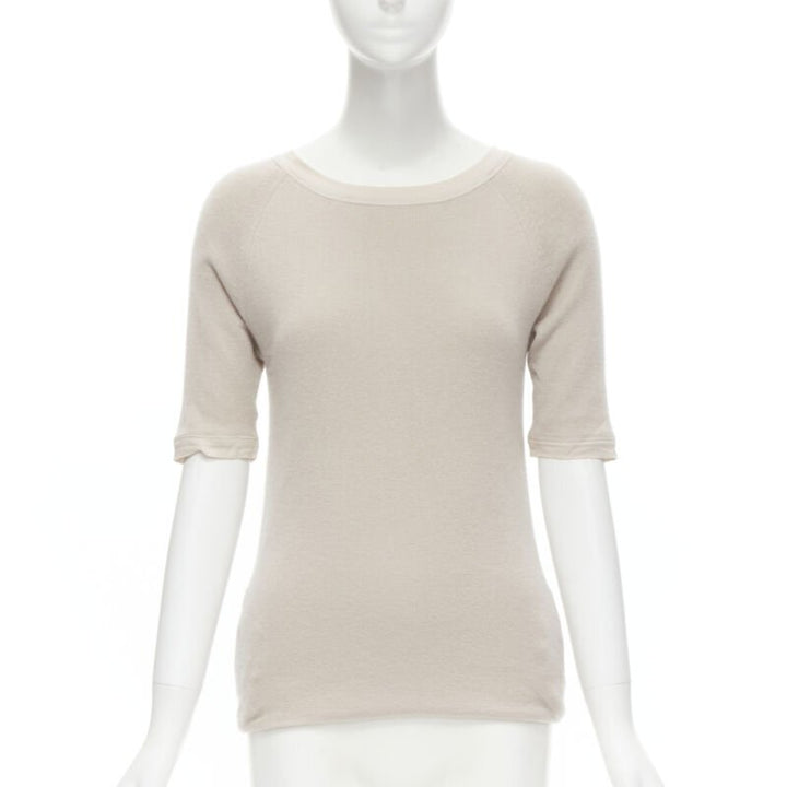 CHLOE Perle beige cashmere silk gold zip back short sleeve sweater S