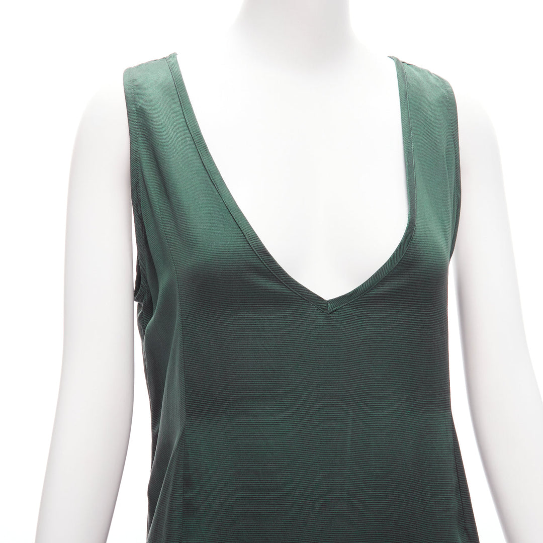 DRIES VAN NOTEN 100% silk dark green plunge neck sleeveless trapeze dress S