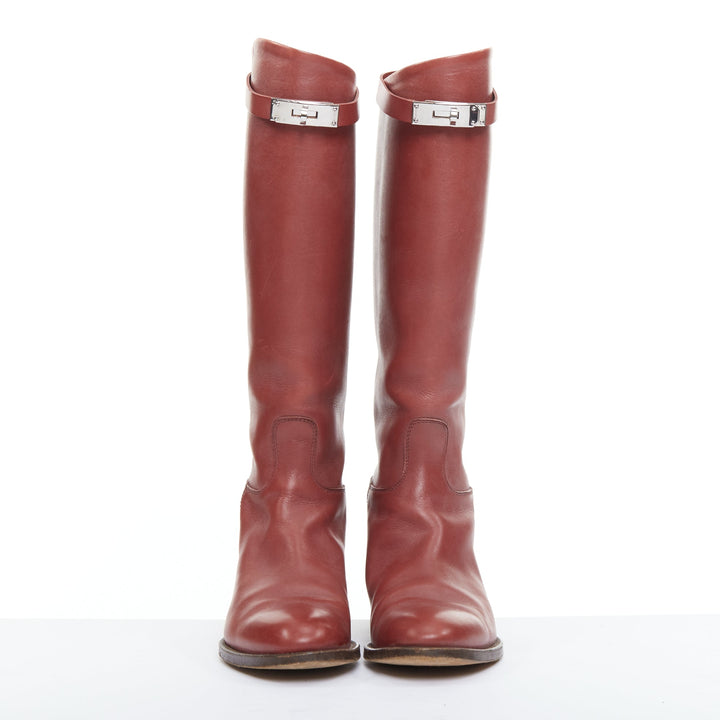 HERMES Jumping Kelly burgundy calfskin silvertone turnlock riding boots EU37