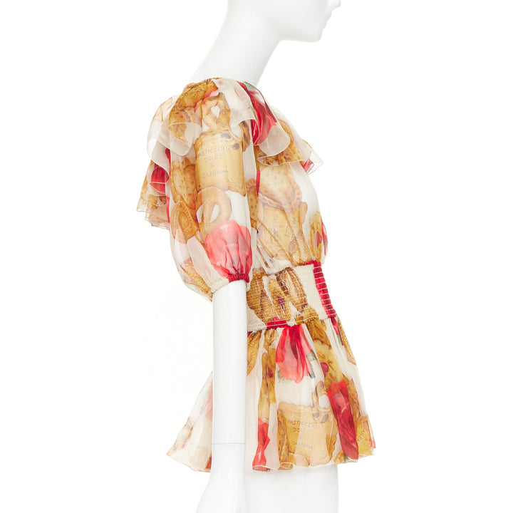 DOLCE GABBANA 2018 Cookie Rose print smocked ruffle sheer silk top IT38 XS